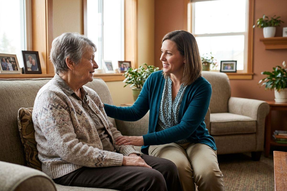 A caregiver sits beside an elderly woman on a sofa, offering comfort with a gentle smile in a cozy living room.