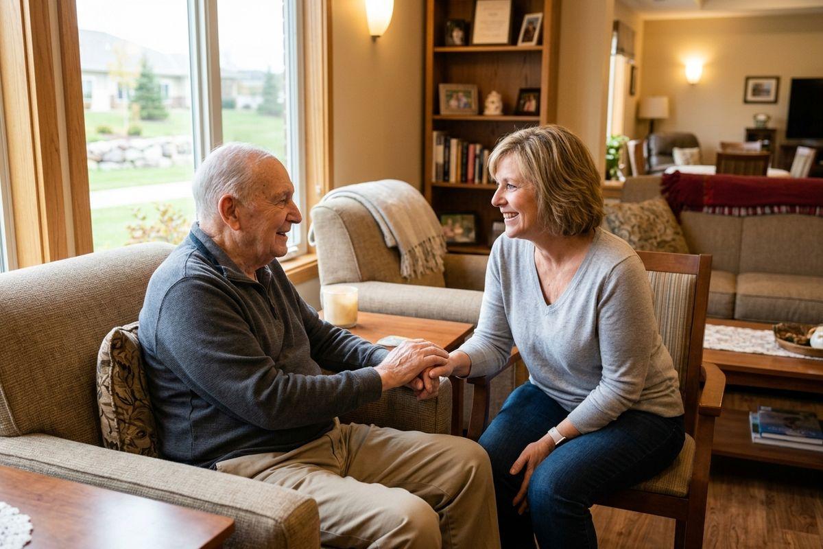 An older adult holds a young adult's hand as they smile together in a bright room.