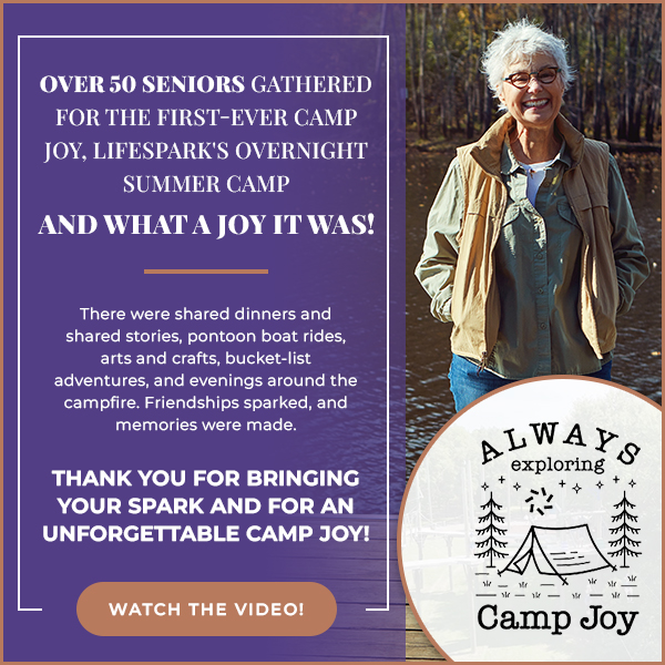 Side-by-side image: left purple panel with bold text about 'Over 50 seniors gathered for the first-ever Camp Joy' and a 'Watch the video' button; right photo shows a smiling senior woman outdoors by a lake, with a round badge reading 'Always exploring Camp Joy'.